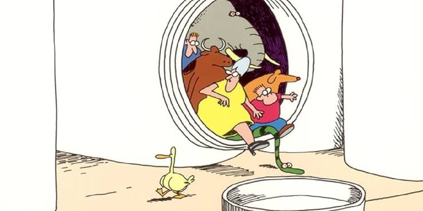 Far Side stock characters escaping from a jar.