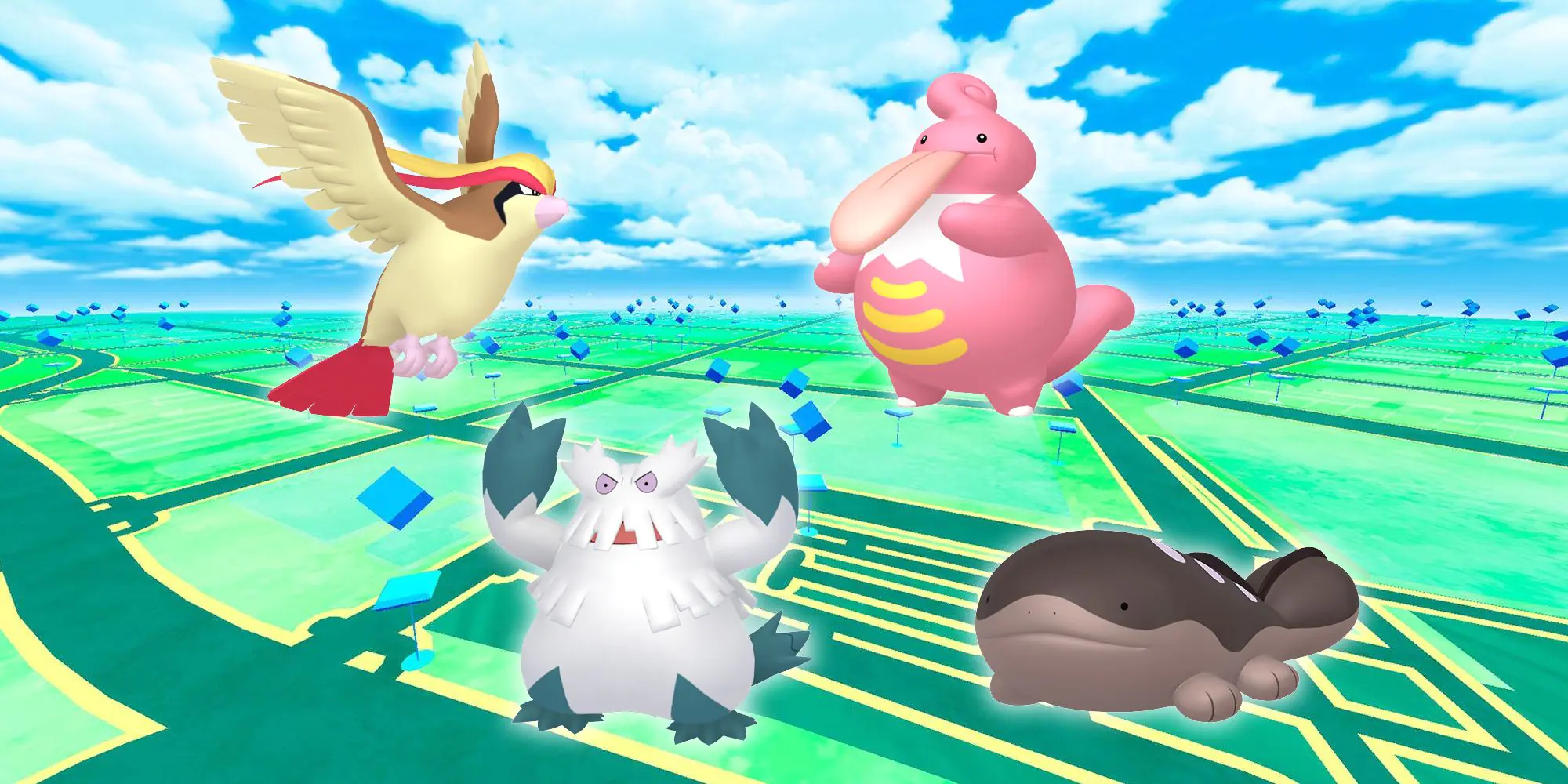 Pidgeot, Abomasnow, Lickilicky, and Clodsire appearing on the Pokemon GO map