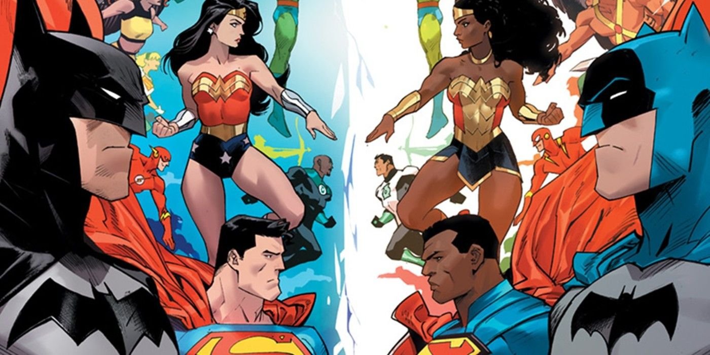 Comic book art: the traditional Justice League meets their counterparts from the Multiverse.