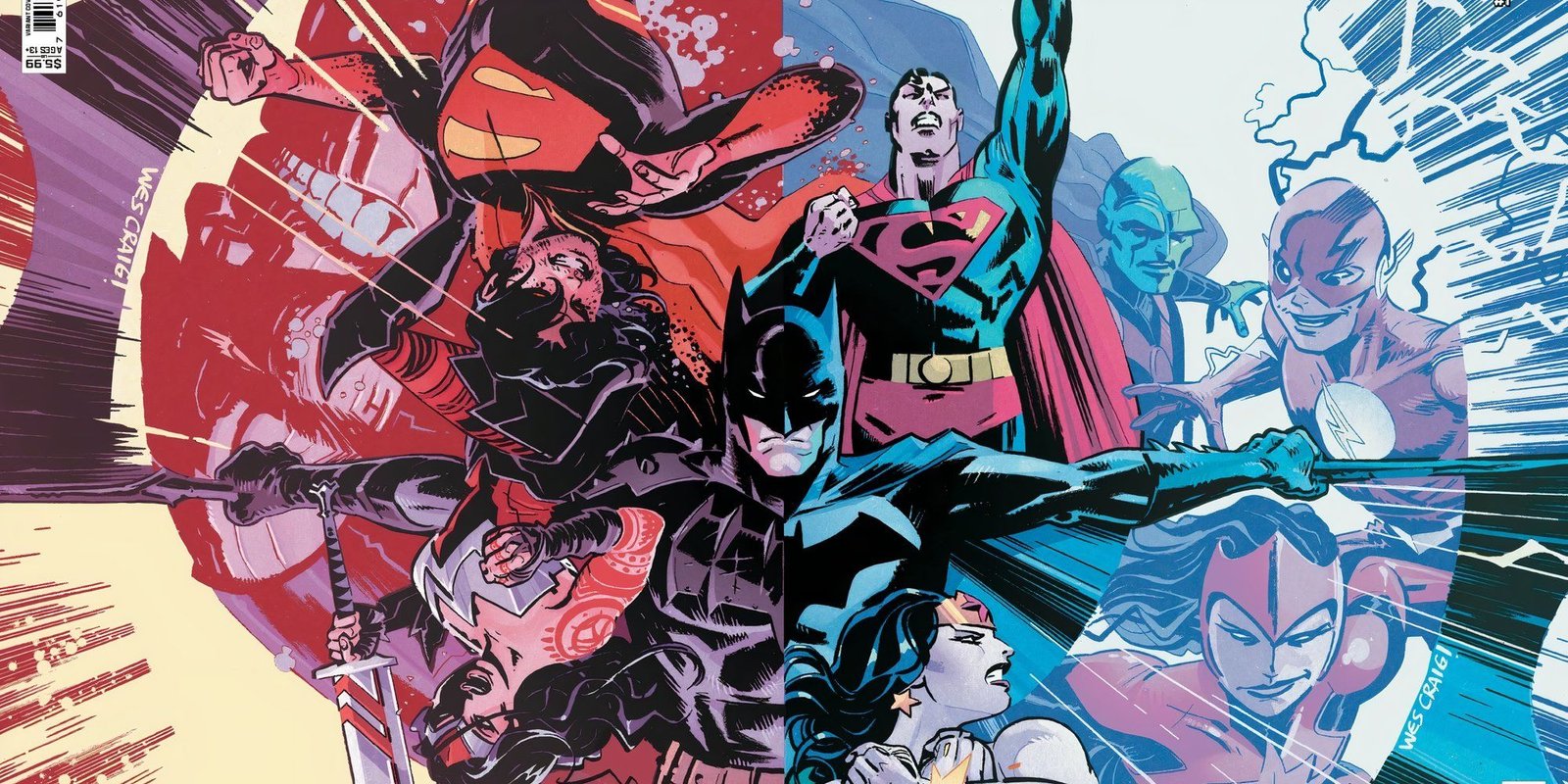 Comic book art: Batman and the Justice League from the DC Universe and the Absolute Universe.