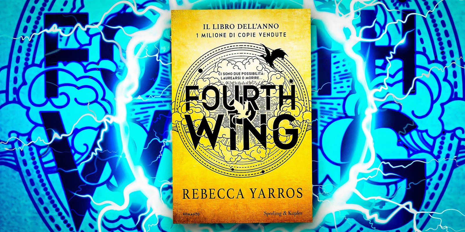 A composite image of the Fourth Wing book cover in front of a glowing blue backdrop