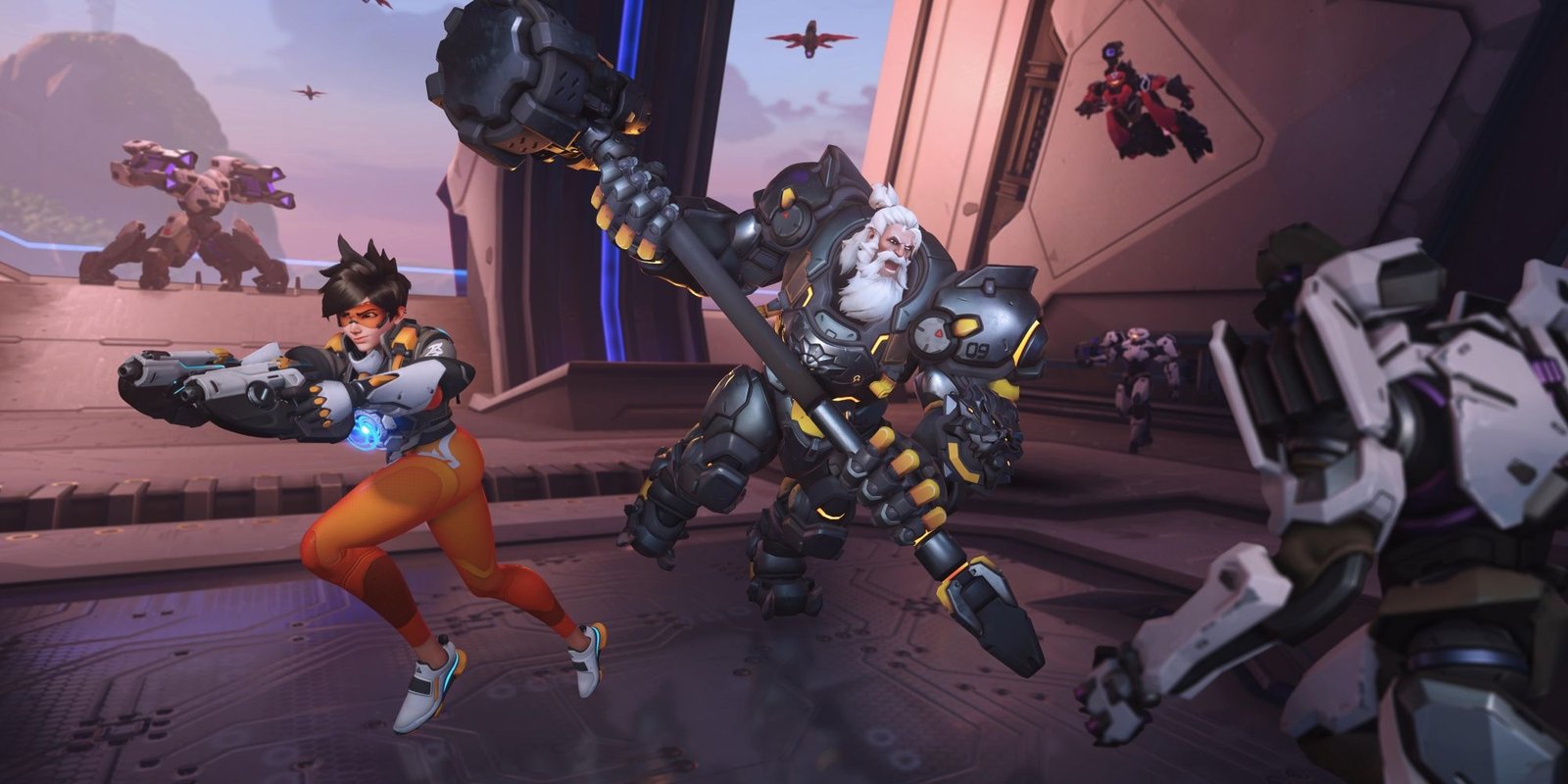 Tracer and Reinhardt fight robots from Null Sector.