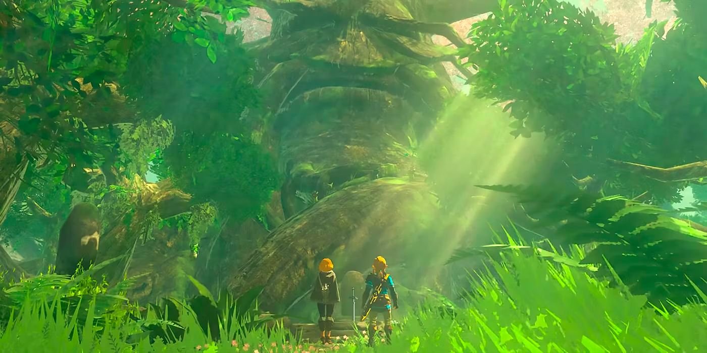 Link and Zelda under the Deku Tree of Breath of the Wild and Tears of the Kingdom