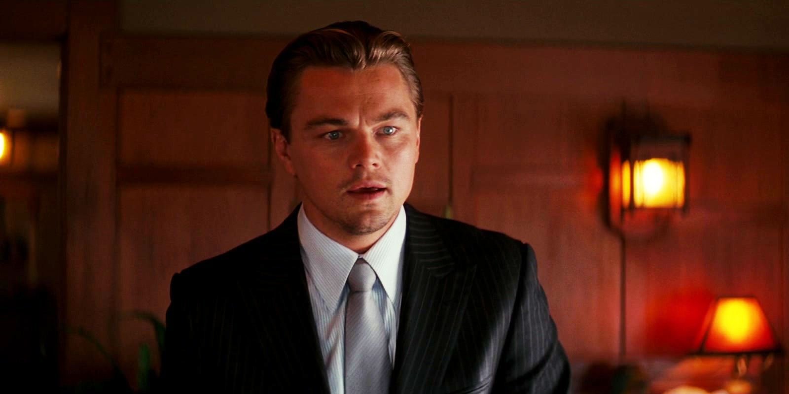 Leonardo DiCaprio as Cobb looking surprised in Inception