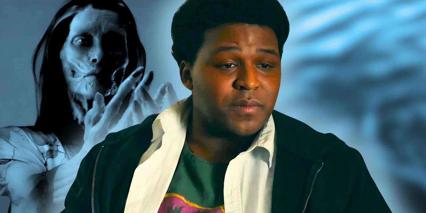 Nathan D. Simmons as Elgin Williams slips into a prophetic trance with imagery of the dead woman behind him in From season 3