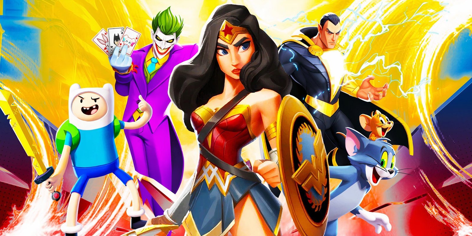 Characters from Multiversus including Wonder Woman, Black Adam, Joker, and Finn. 