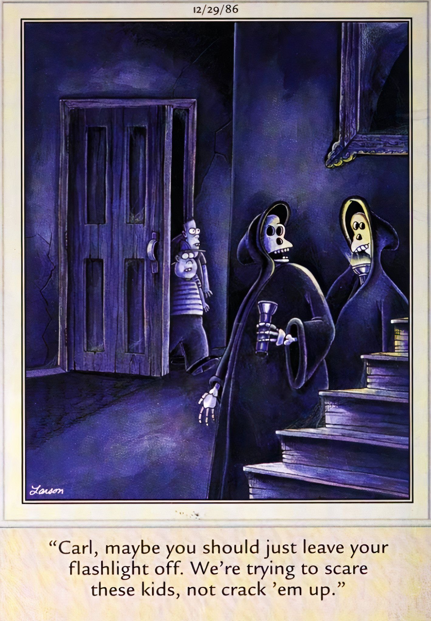 Far Side, December 29, 1986, skeletons in black robes fumble around as they try to scare a child