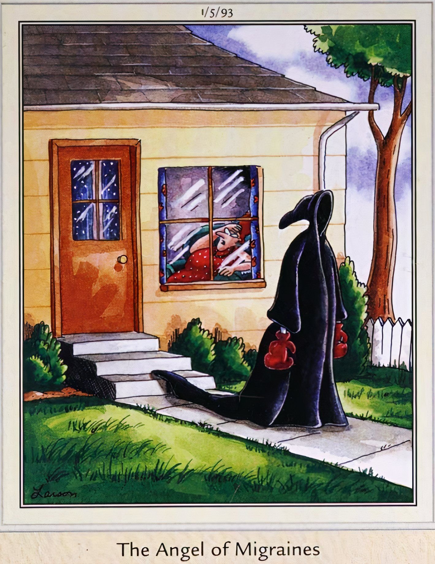 Far Side, January 1, 1993, the Grim Reaper leaves a woman's house wearing boxing gloves, captioned 'the Angel of Migraines'