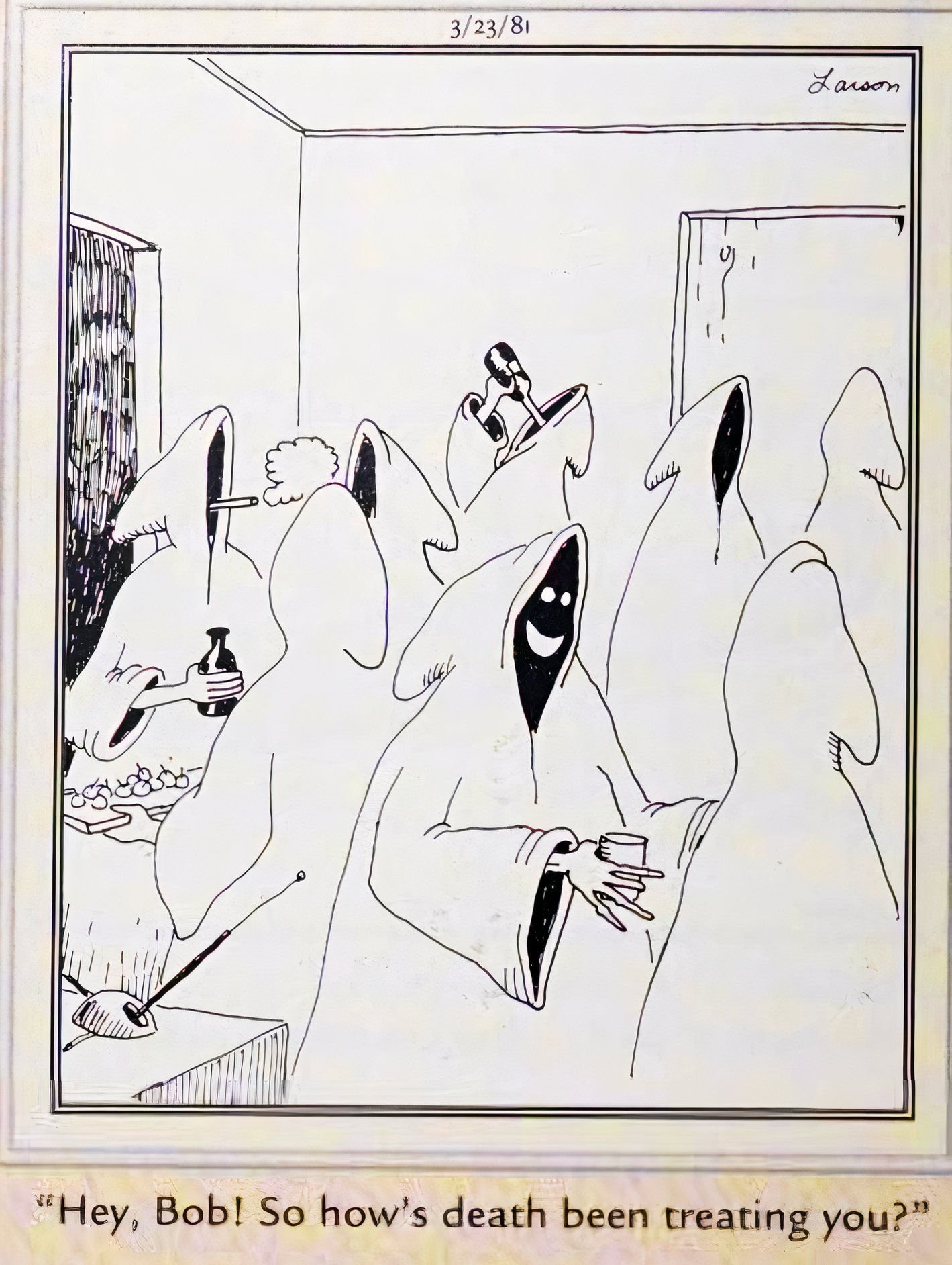 Far Side, March 23, 1983, a group of Grim Reaper-esque figures smoking and drinking at a party