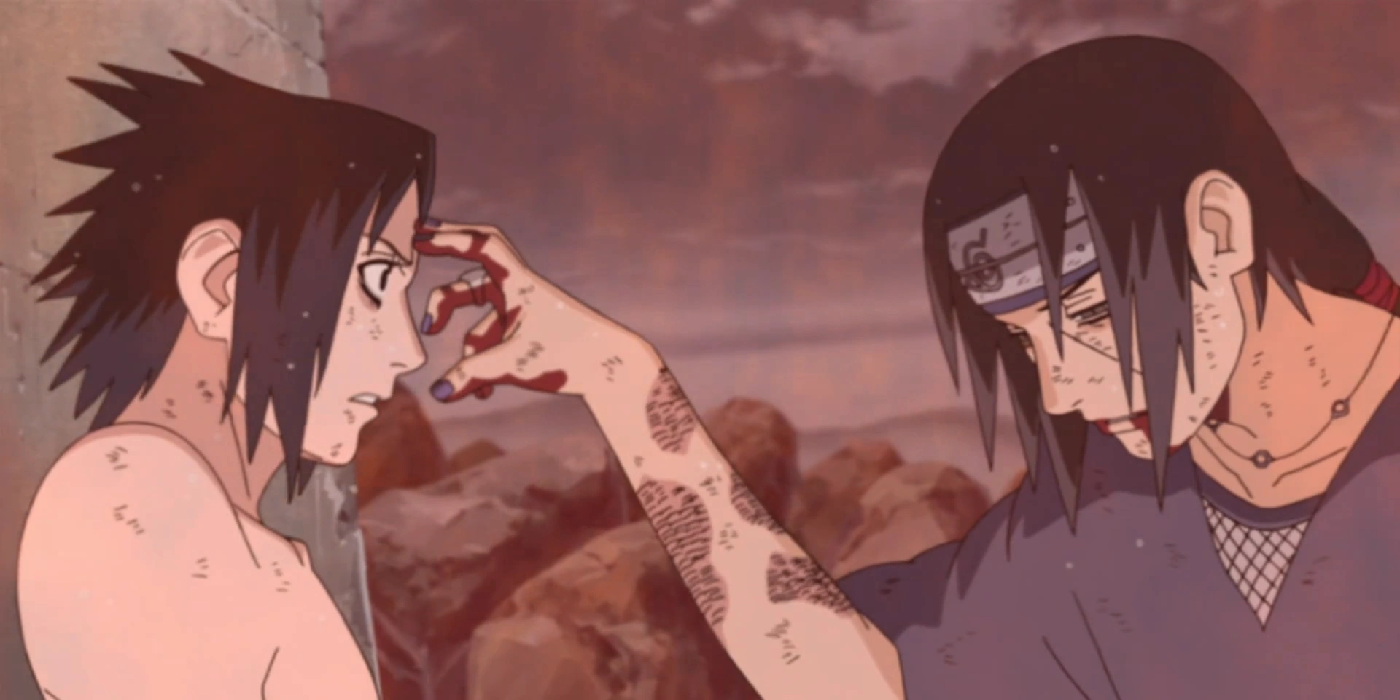 A dying Itachi Uchiha pokes Sasuke Uchiha's forehead in Naruto