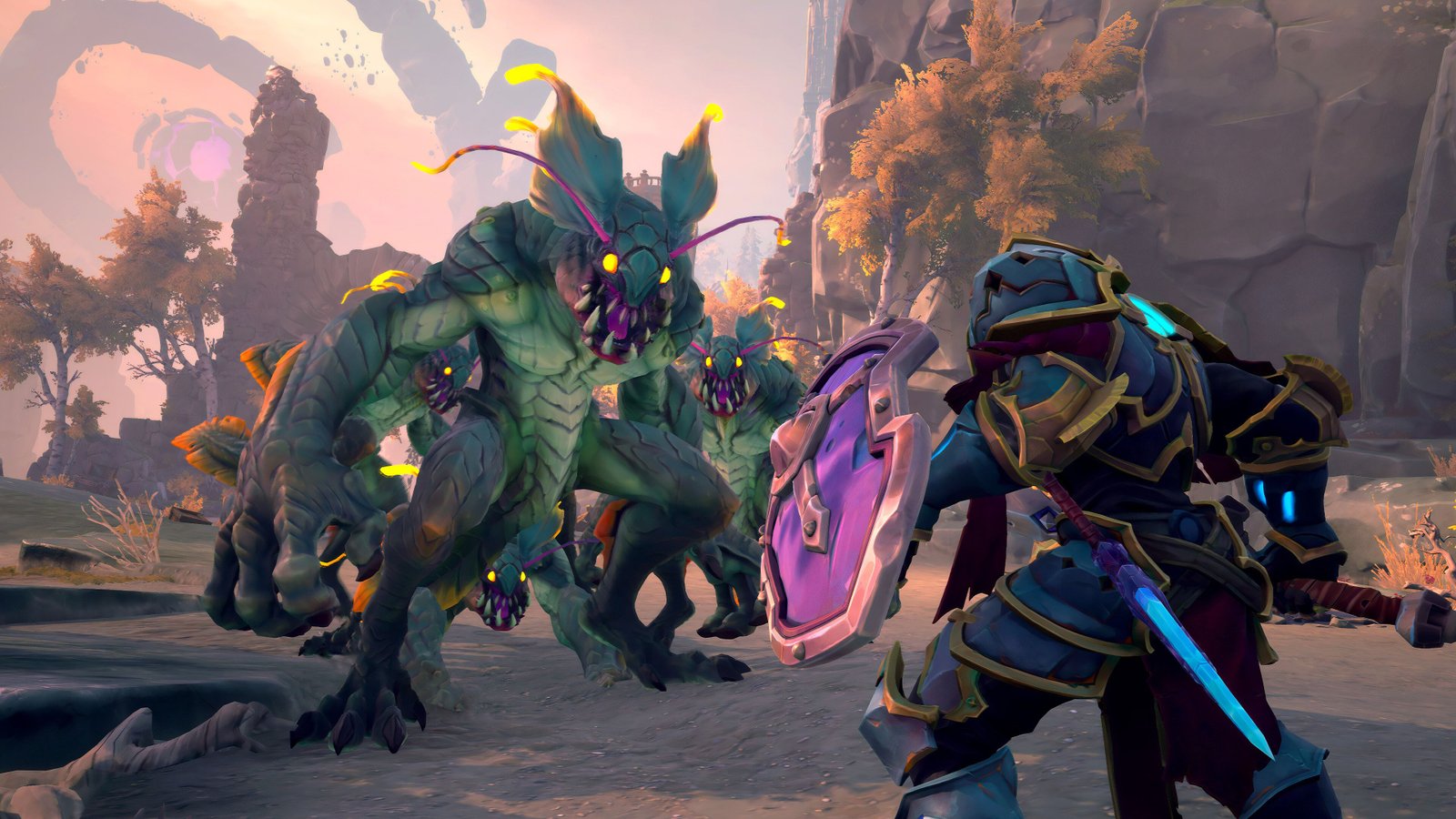 Wayfinder player with a large shield facing a group of bipedal enemies that look like a cross between a reptile and bat.