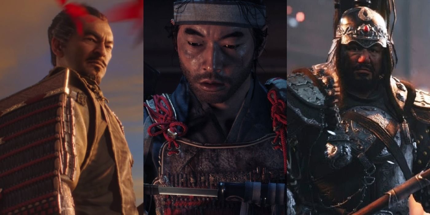 Split image of Lord Shimura, Jin Sakai, and Khotun Khan in Ghost of Tsushima.