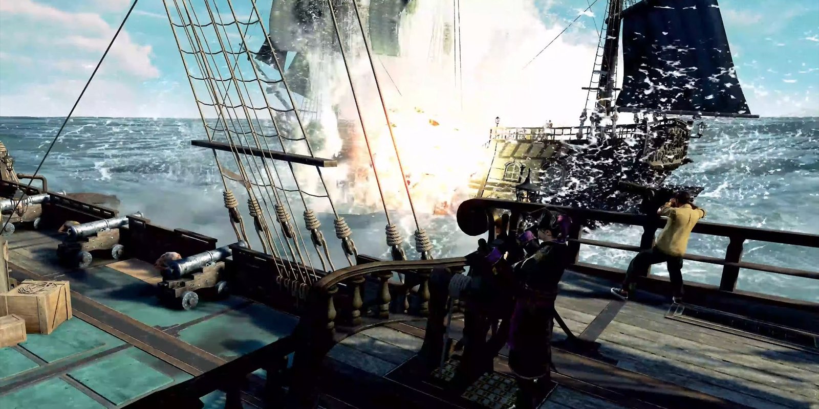 Firing a broadside at another ship in Like a Dragon: Pirate Yakuza in Hawaii.