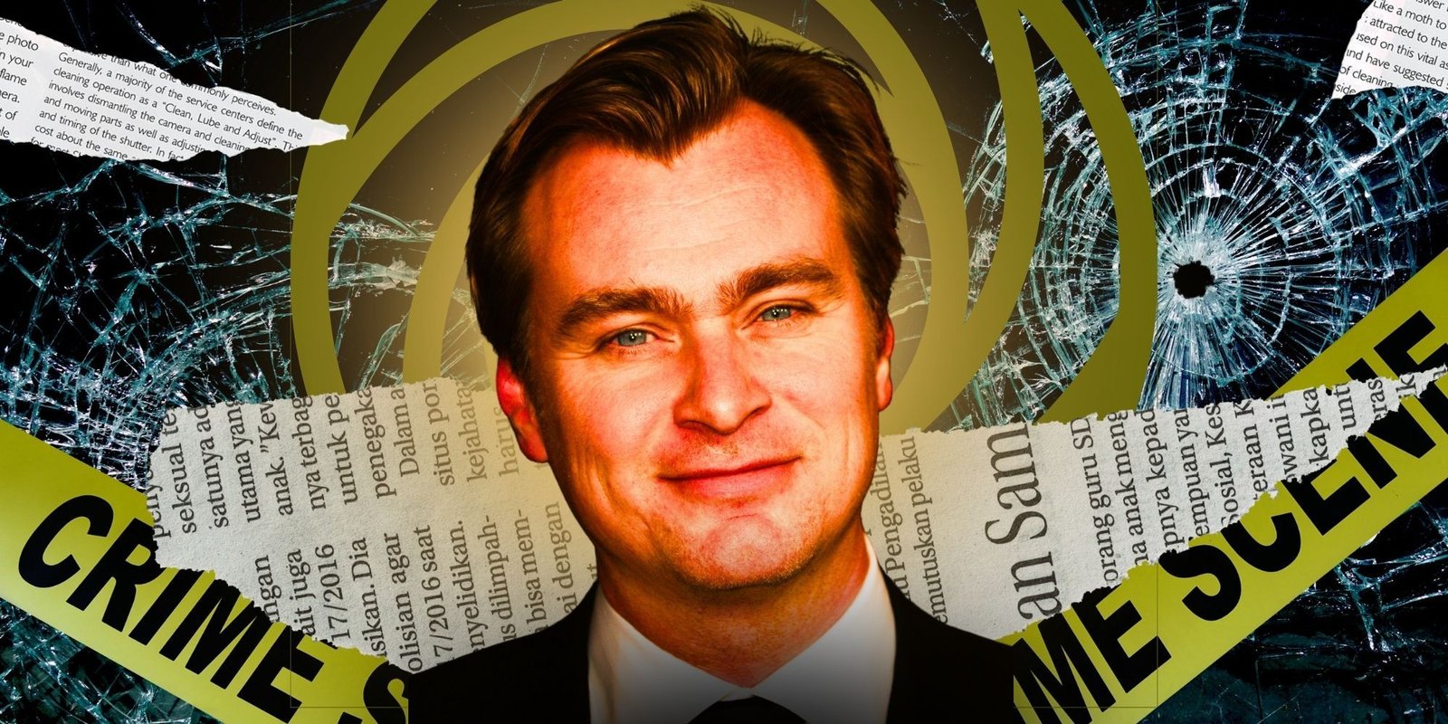 Christopher Nolan in front of shattered glass, torn newspapers, and crime scene tape 