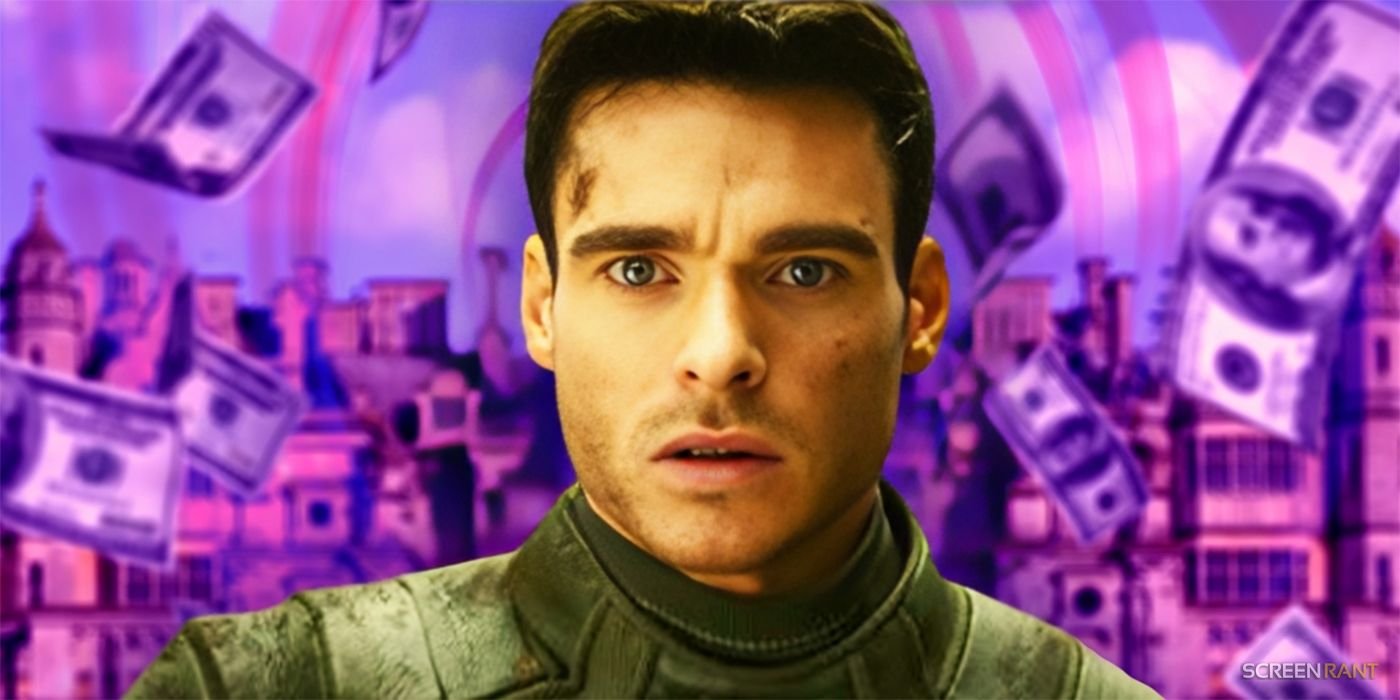 Richard Madden looking shocked as Mason Kane in Amazon's Citadel against a purple background of money