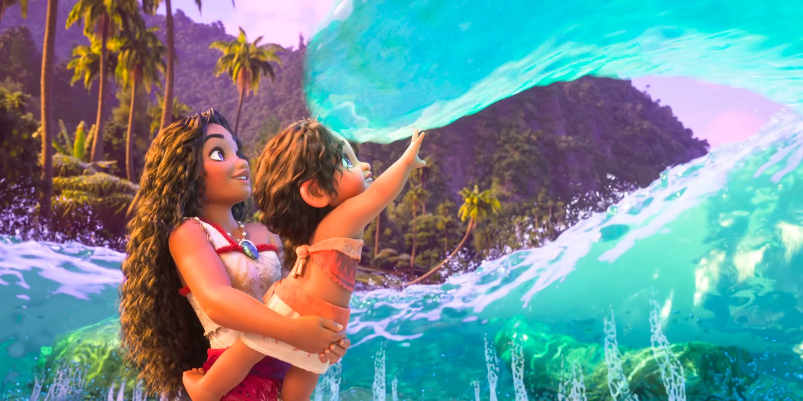 Moana teaching Simaea to interact with the sea in Moana 2