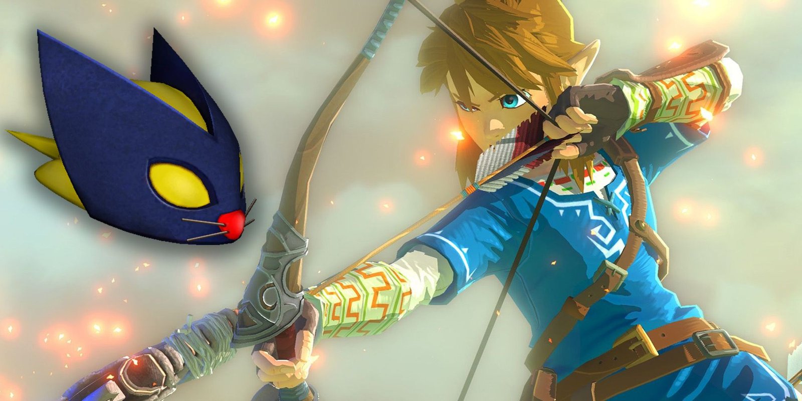 A Bombchu superimposed on an image of Link firing a bow.