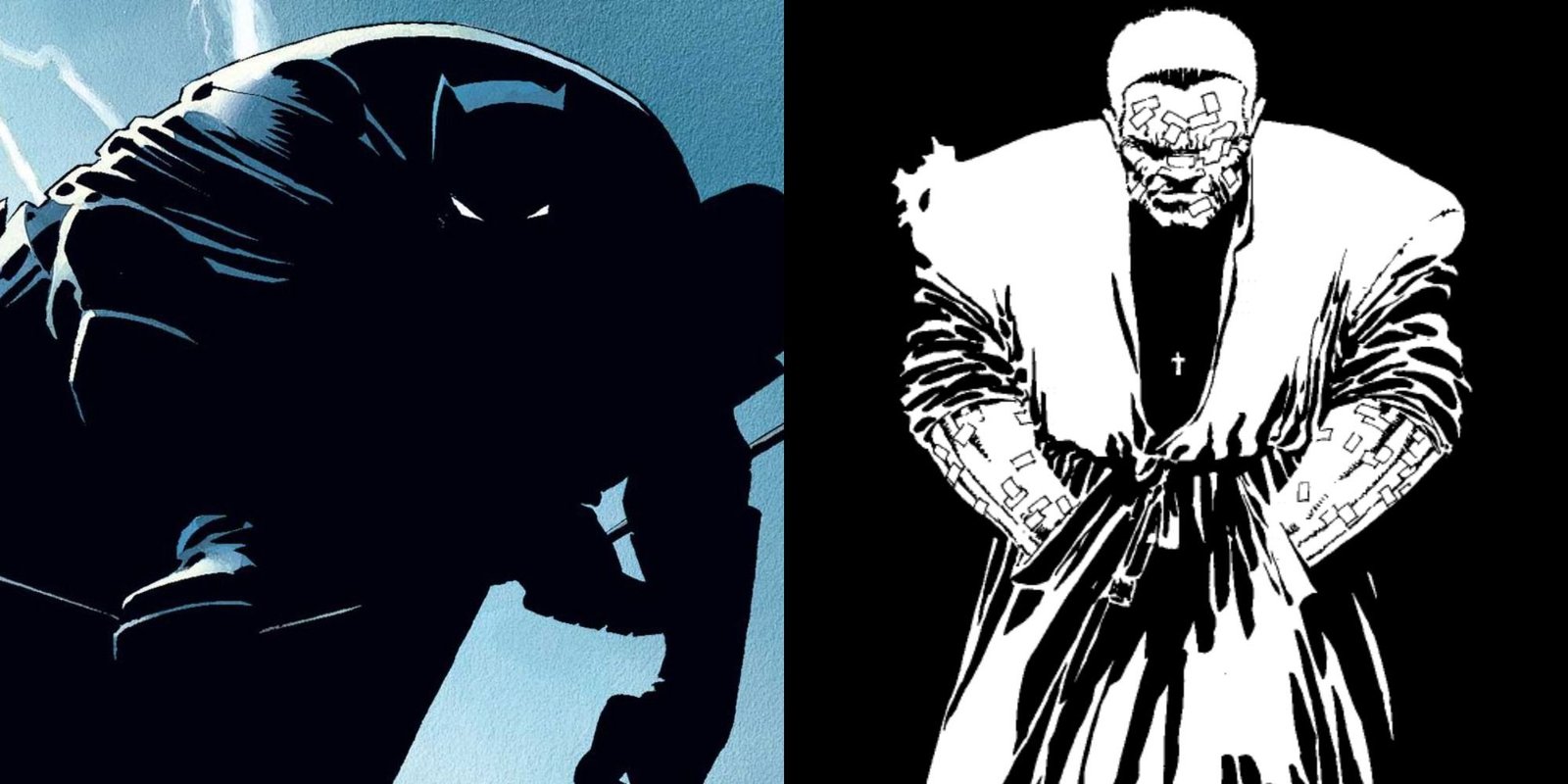 Split image showing Batman in The Dark Knight Returns and Marv in Sin City