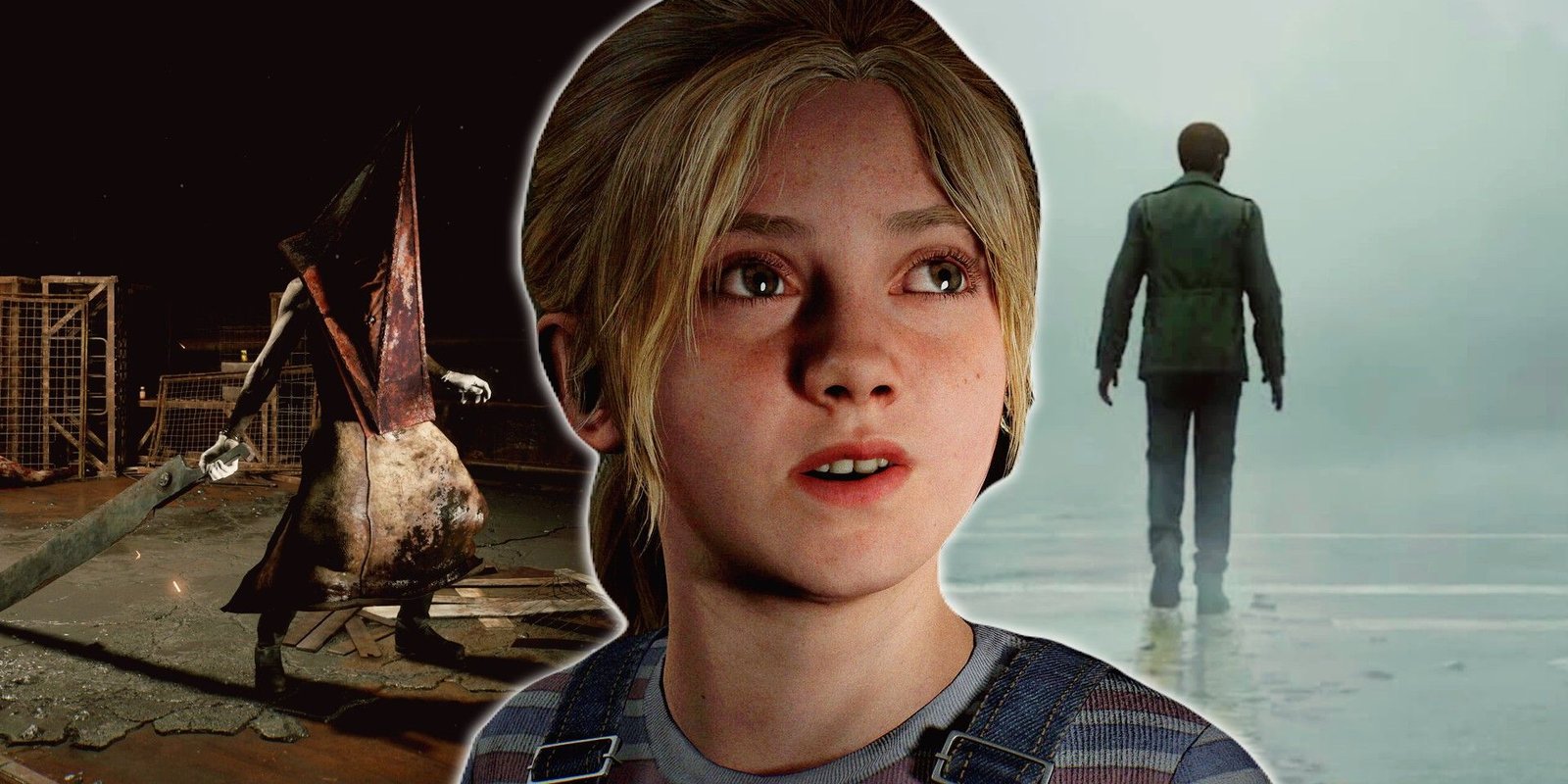 Silent Hill 2 Remake Screenshots of concerned looking girl with man walking away and pyramidhead in the background.