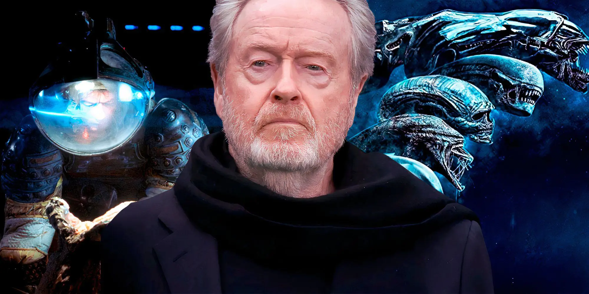 Ridley Scott looking stern in front of xenomorphs and Kane in a space suit in Alien