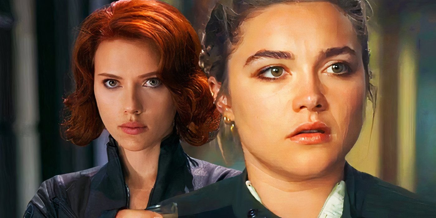 Split image of Natasha Romanoff and Yelena Belova looking serious