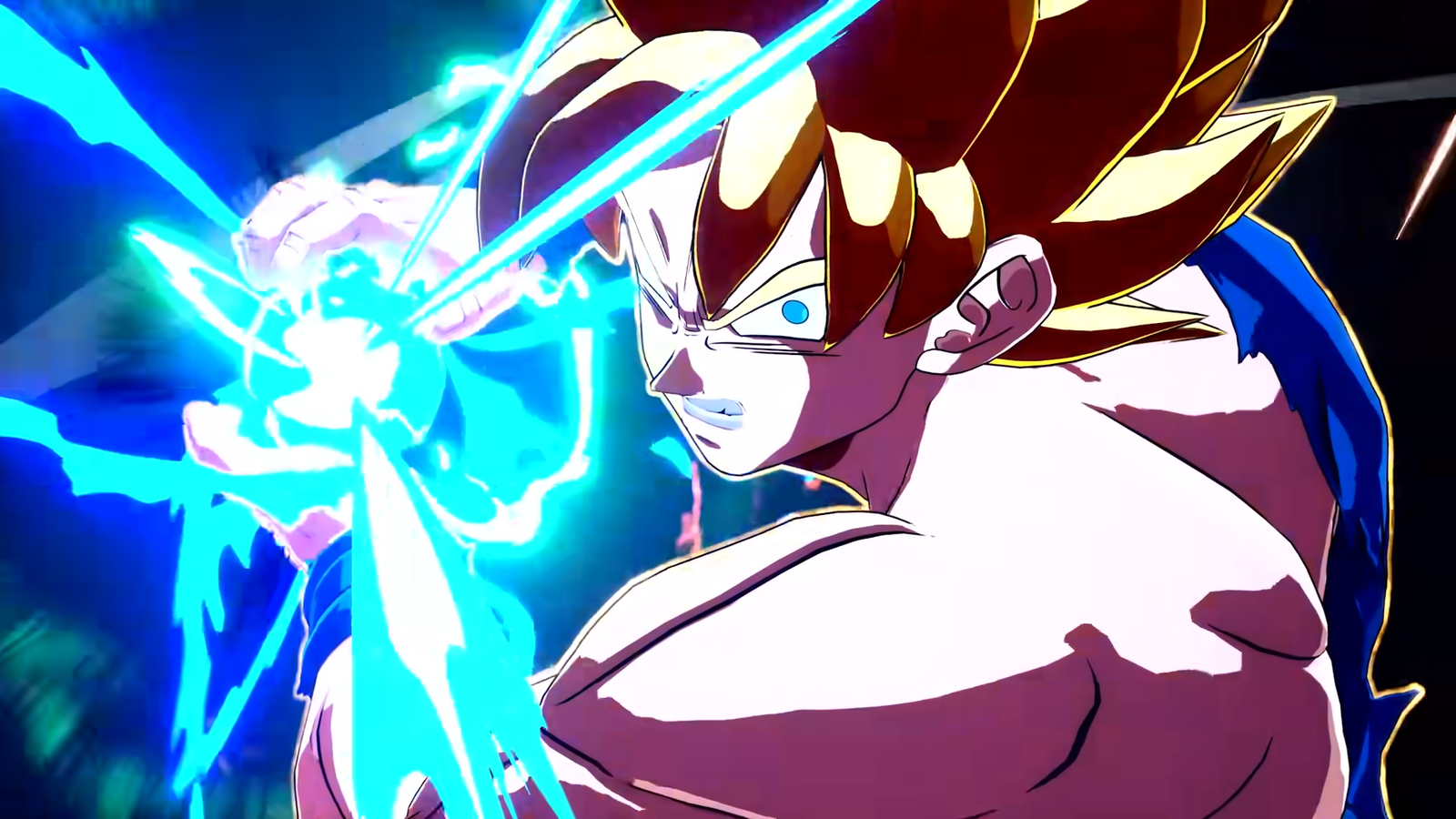 Super Saiyan Goku with blue energy between his hands in Dragon Ball: Sparking! Zero.