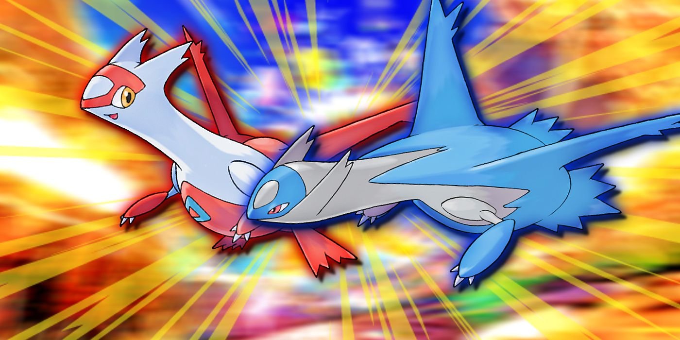 Pokémon's Latios and Latias fly side by side.