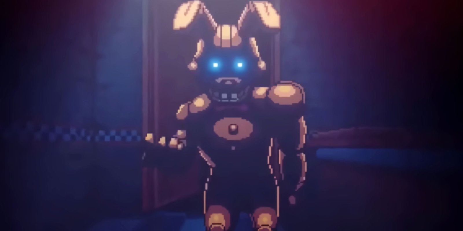 Freddy Fazbear from FNAF: Into the Pit, with glowing blue eyes, standing under a bright light.