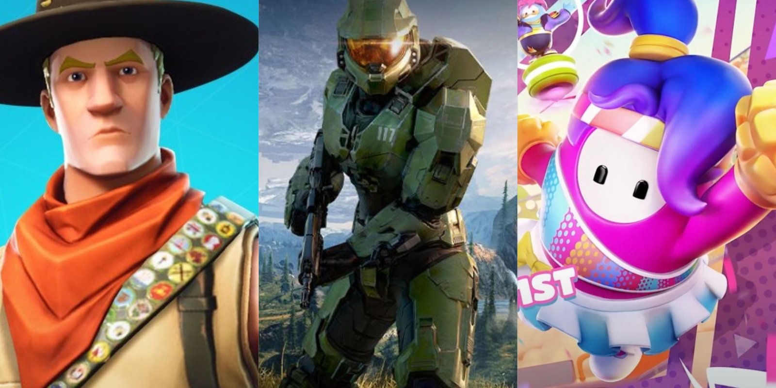 A split image of Fortnite, Halo Infinite, and Fall Guys.