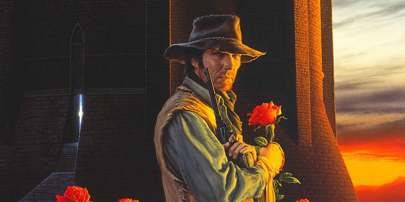 An illustration of Roland holding his pistol and a rose at the base of the tower from The Dark Tower book series