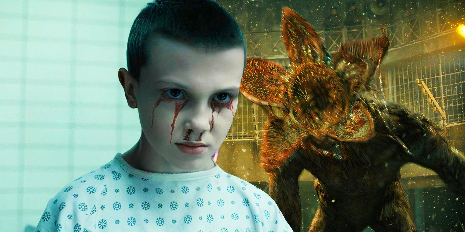 Blended image of Eleven (Millie Bobby Brown) and a Demogorgon in Stranger Things season 4