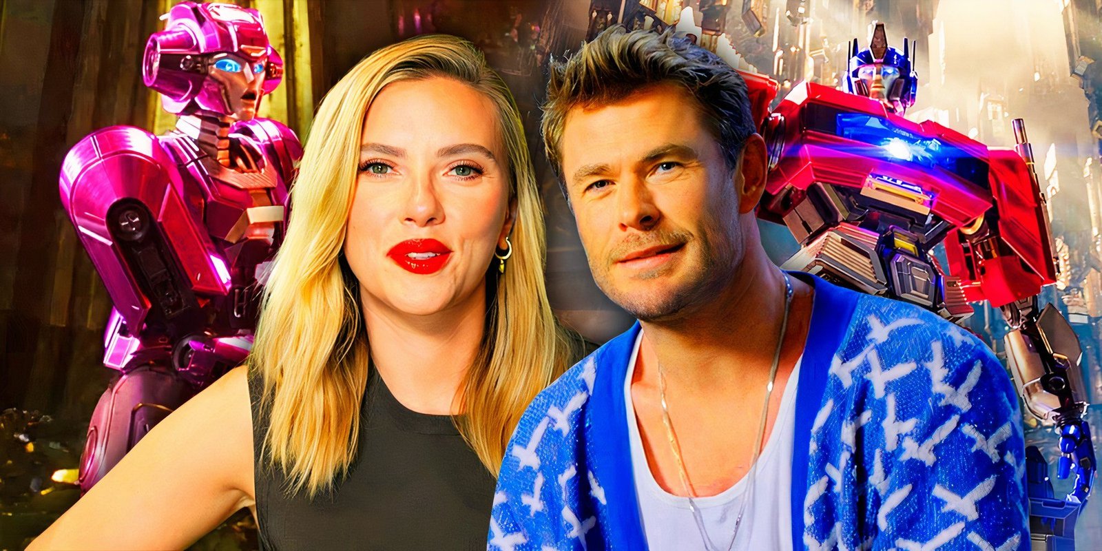 Chris Hemsworth and Scarlett Johansson and characters from Transformers One