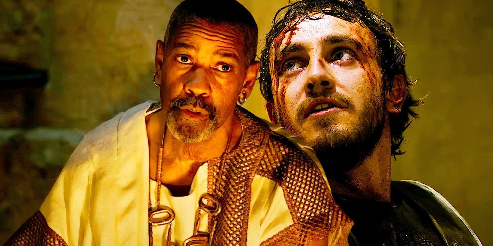 Denzel Washington speaking as Macrinus juxtaposed with Paul Mescal looking up as Lucius in Gladiator 2