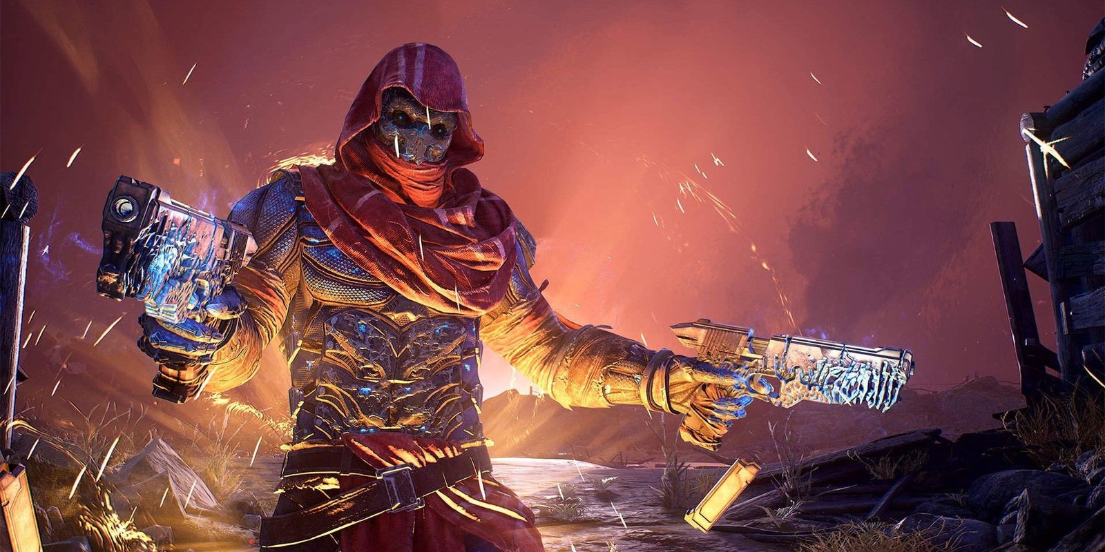A Gunslinger from Outriders wields two pistols.