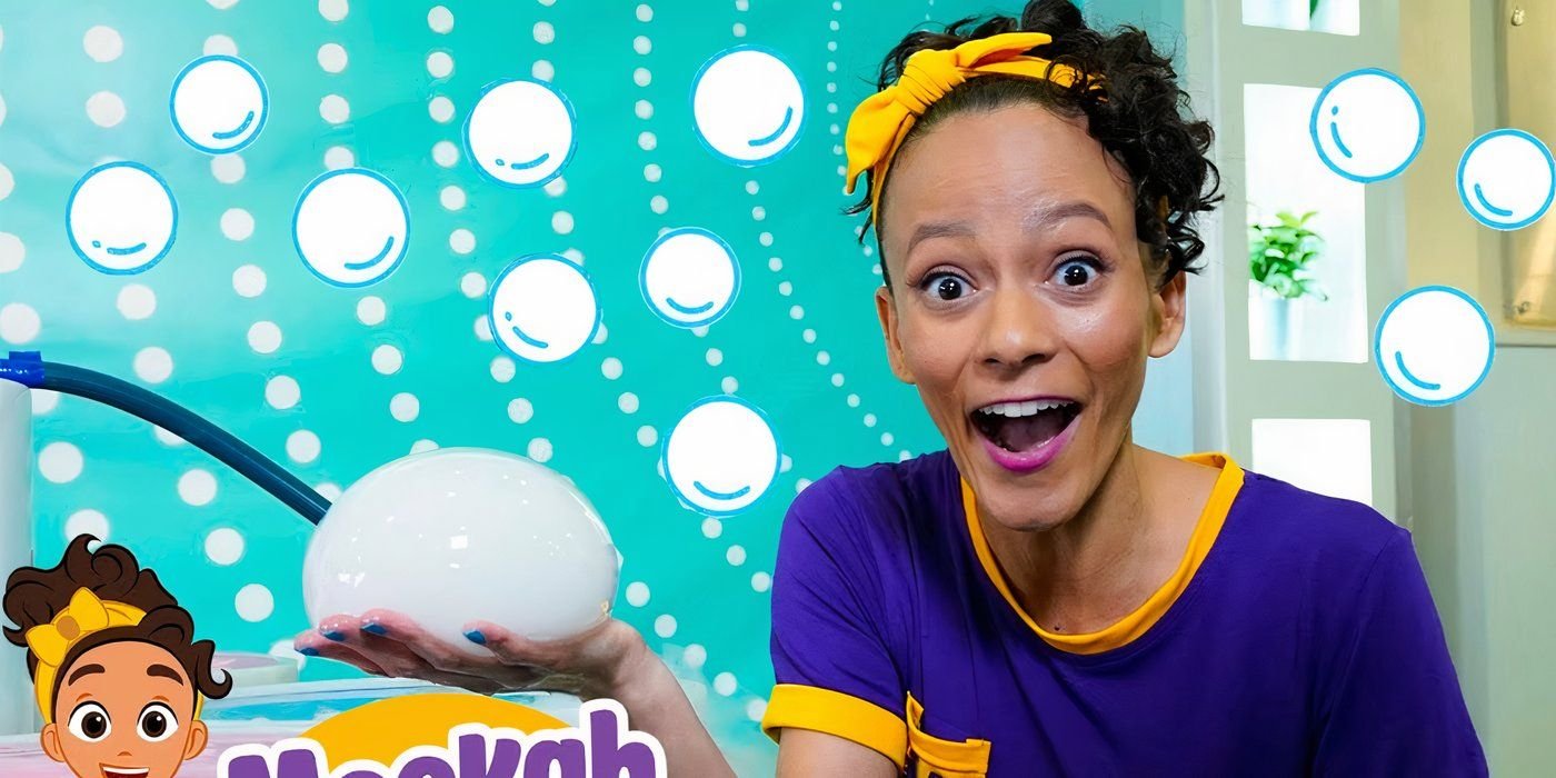 Kaitlin Becker as Meekah smiling and holding up a white orb in Blippi.