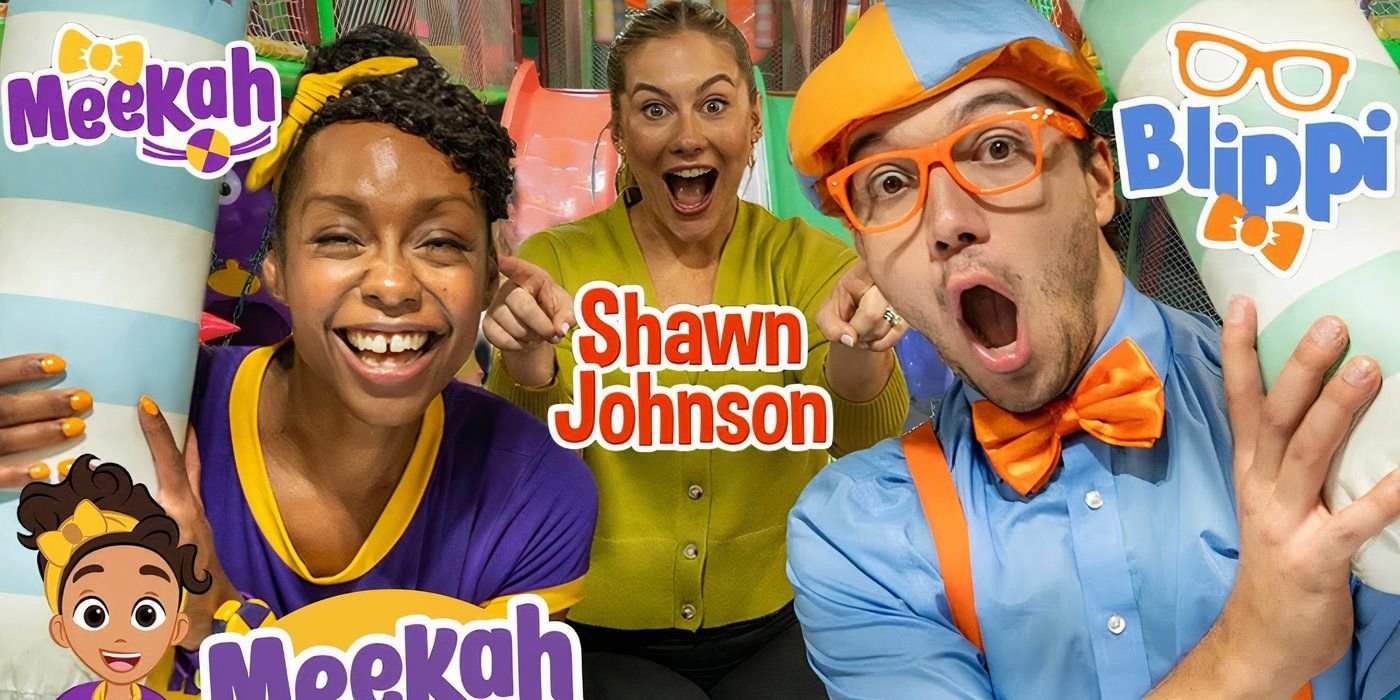 Meekah (Cashae Monya), Shawn Johnson, and Blippi (Clayton Grimm) all smiling on Blippi.