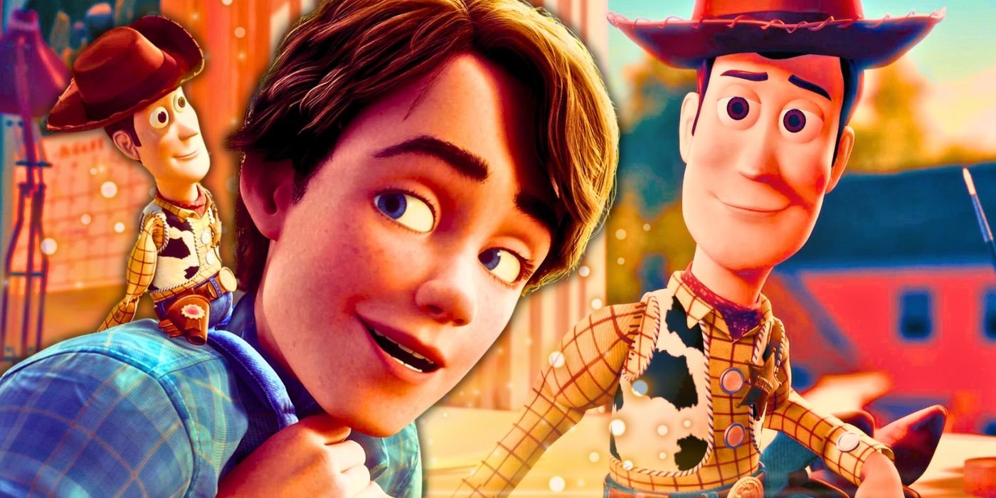 Custom Toy Story image of Woody riding Andy in Toy Story 3 and Woody smiling fondly in Toy Story 2