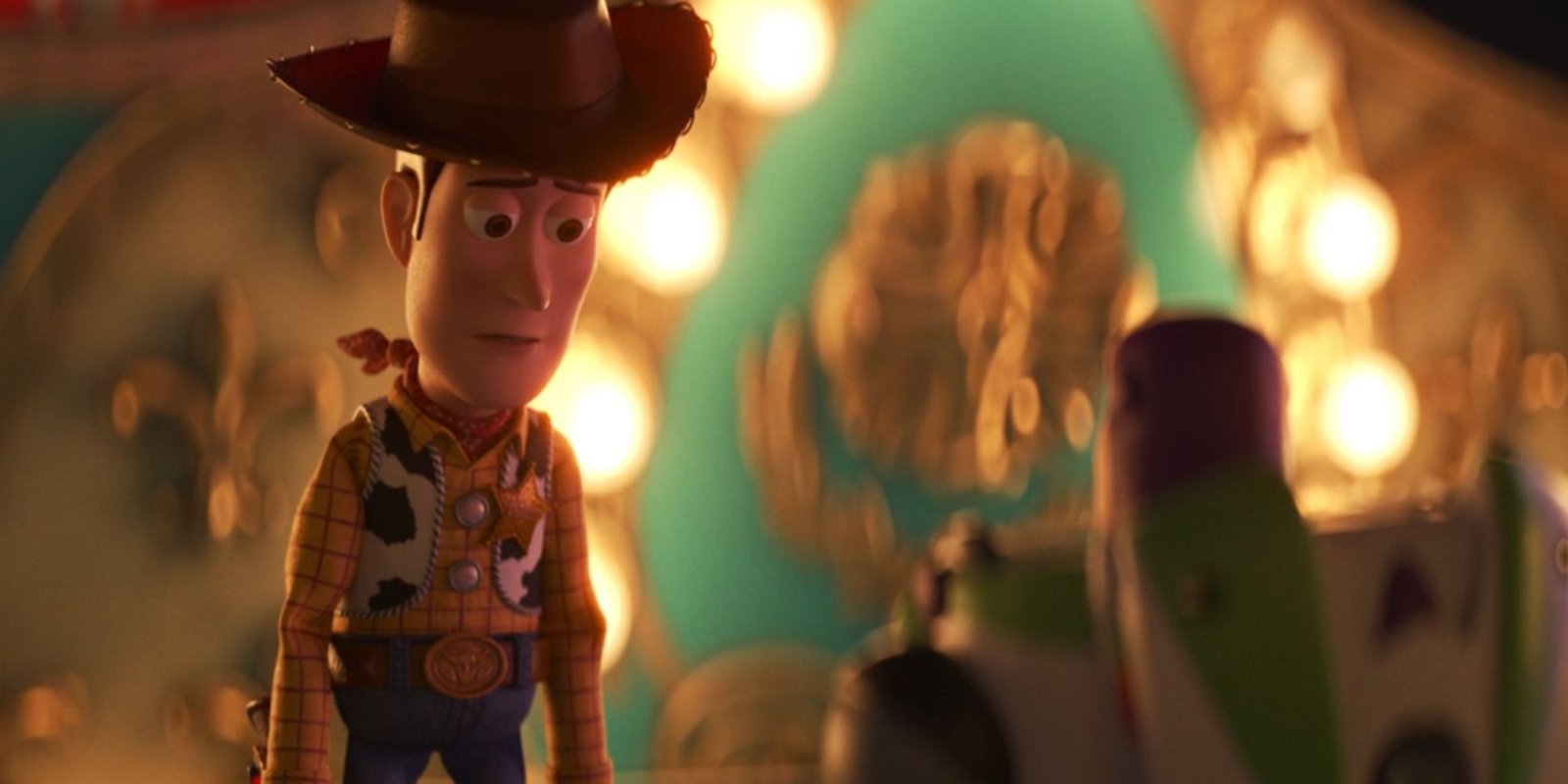 Woody looking sad as he talks to Buzz Lightyear in Toy Story 4