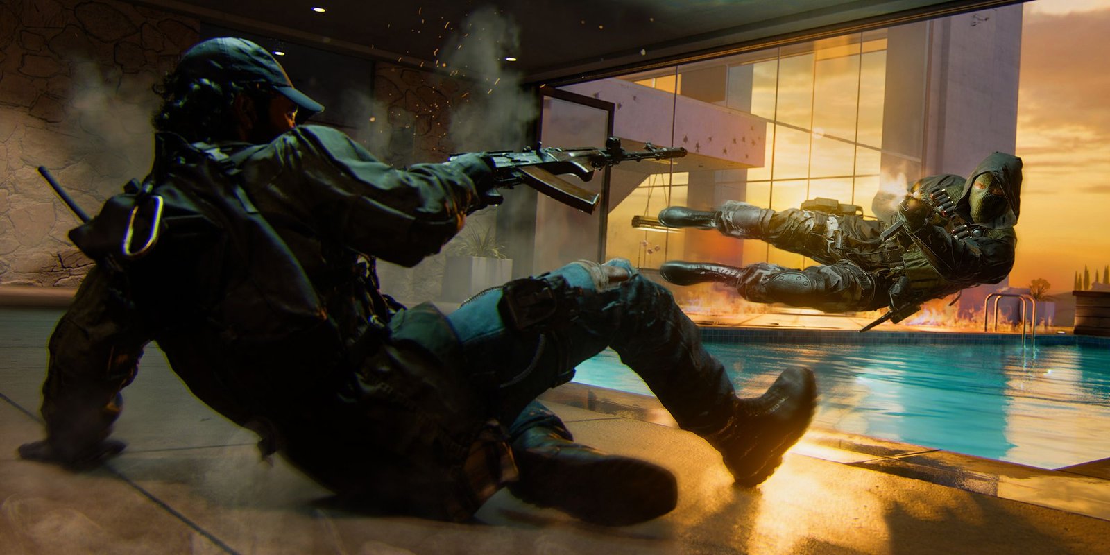 Two soldiers in Call of Duty Black Ops 6 sliding near a pool shooting rifles at each other with a sunset in the background.