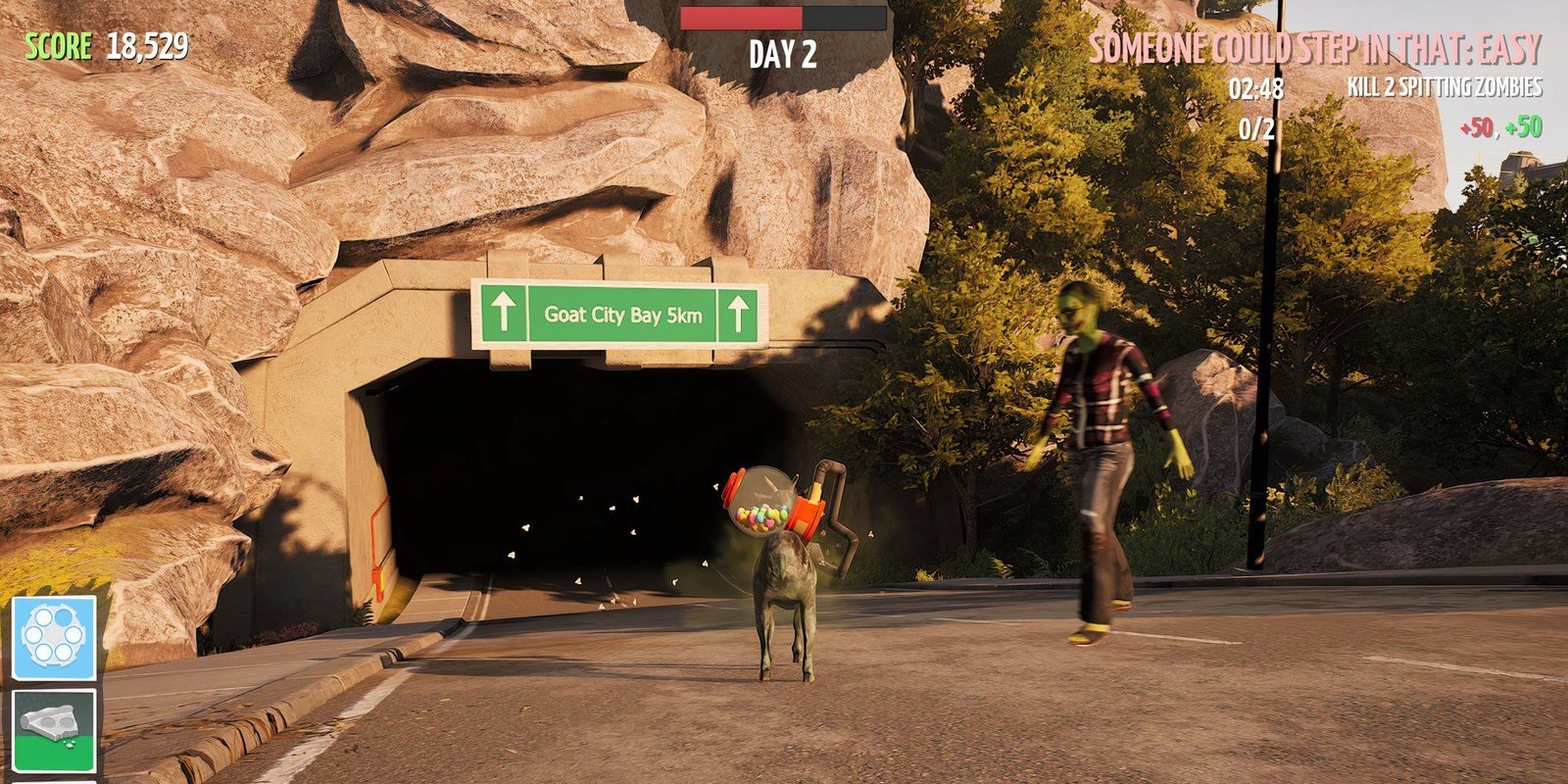 Screenshot from Goat Simulator Remastered GOATZ DLC shows Zombie and the infected goat standing in front of Tunnel leading to Great City Bay DLC area.