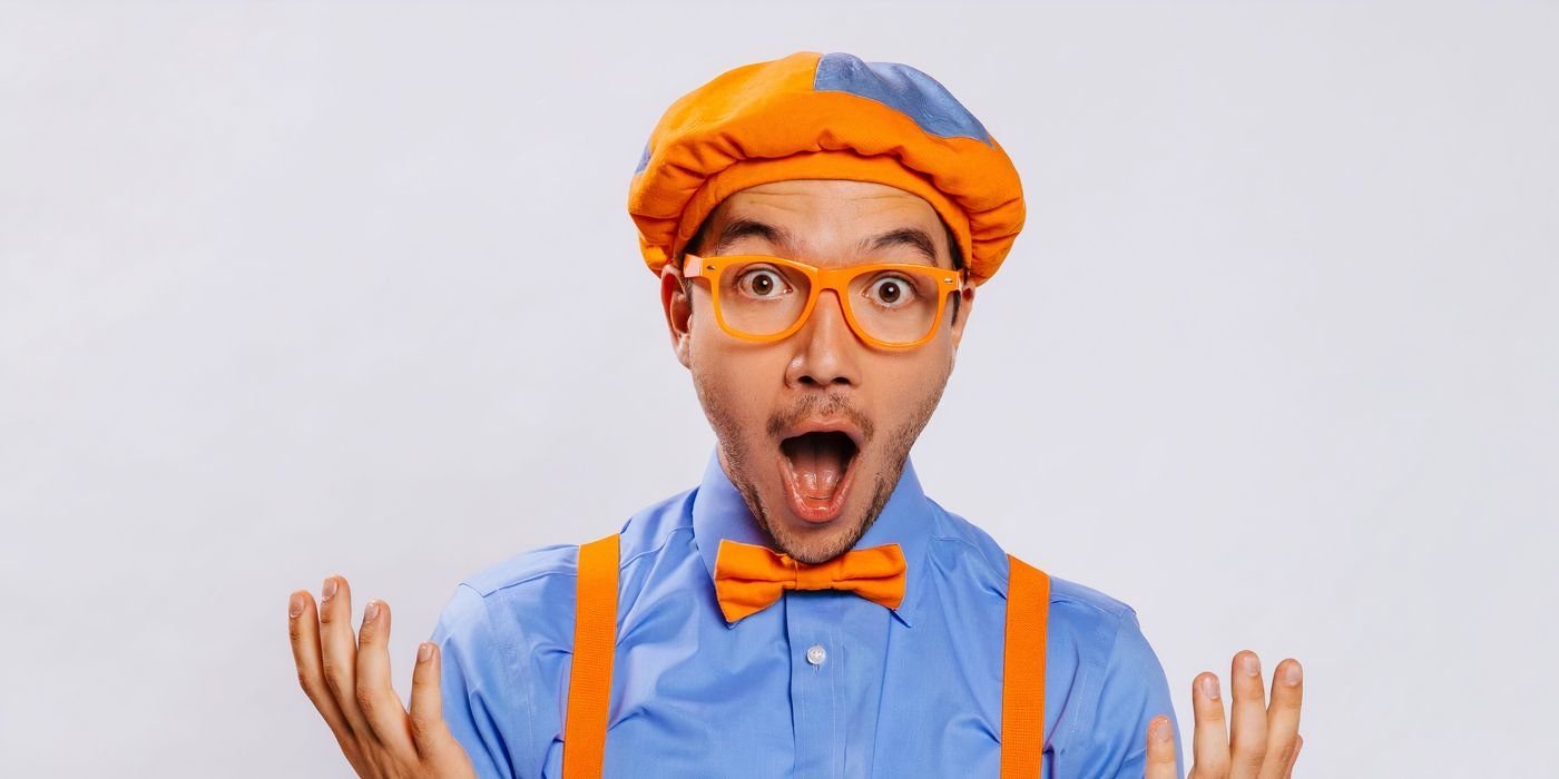 Blippi (Clayton Grimm) with a shocked expression.