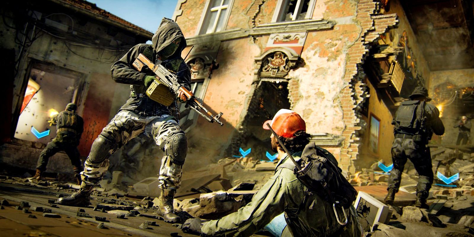 Characters from Black Ops 6 in a crumbling building. One is pointing a rifle at another on the ground.