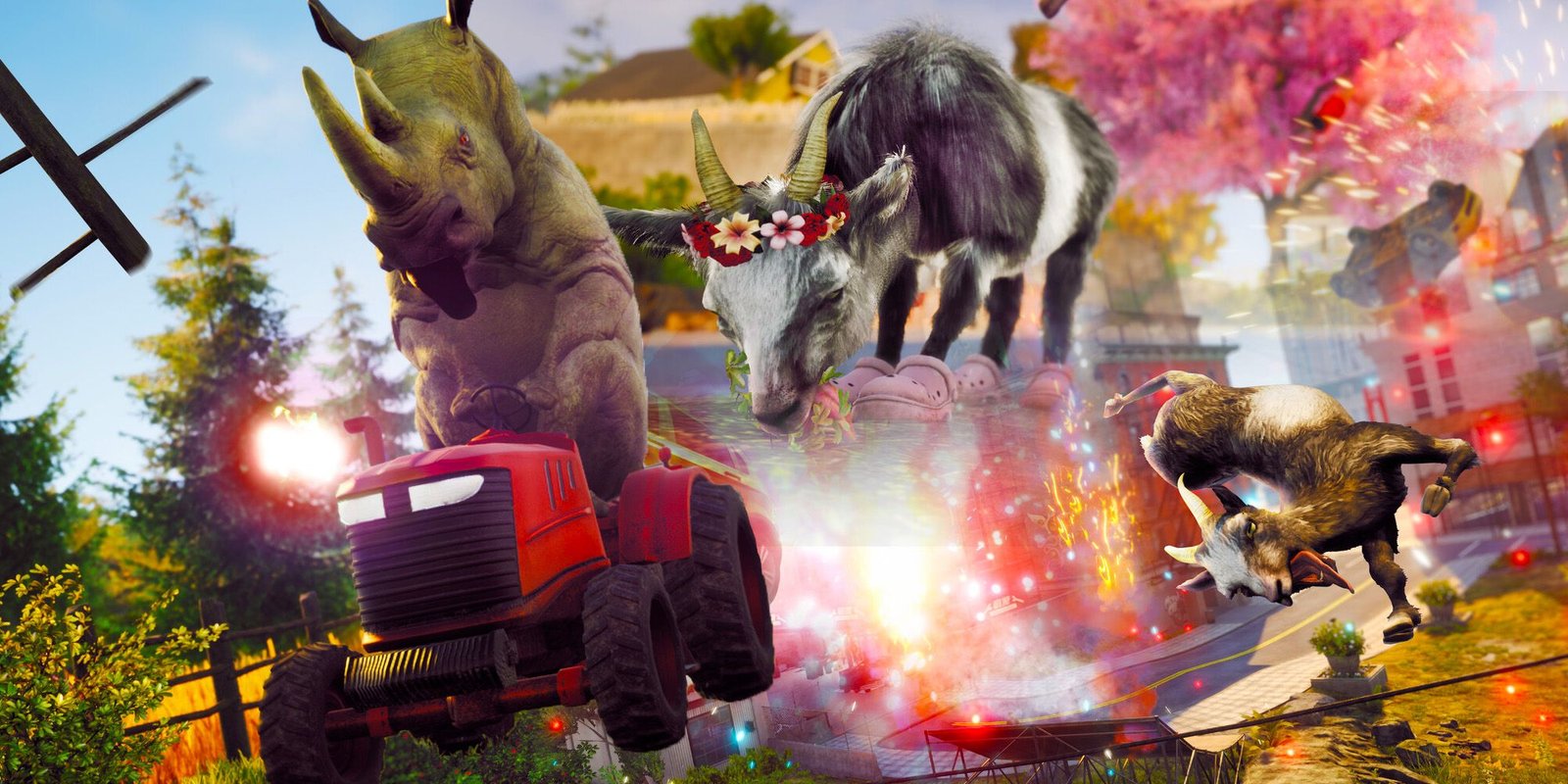 Rhino on a tractor, Goat drinking from a puddle, Goat doing a kick, all from Goat Simulator 3