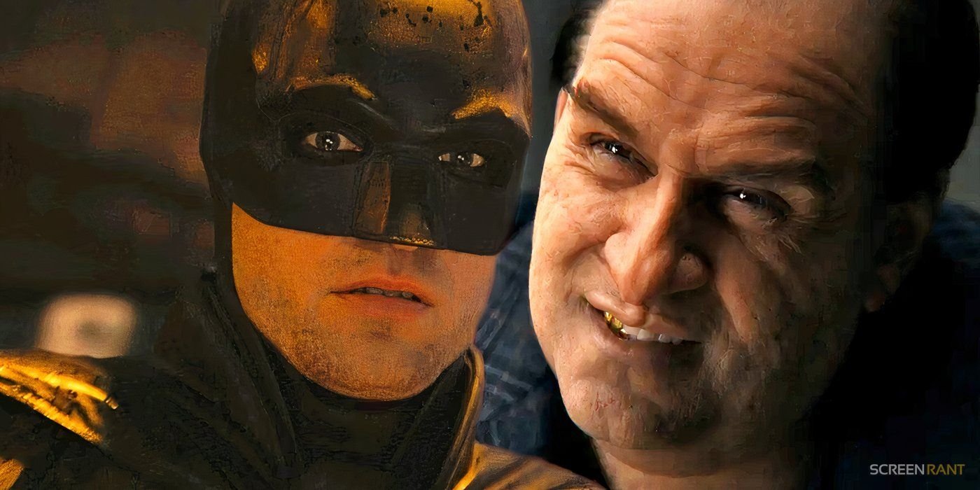 Robert Pattinson's Batman looking shocked and Colin Farrell's Penguin smirking