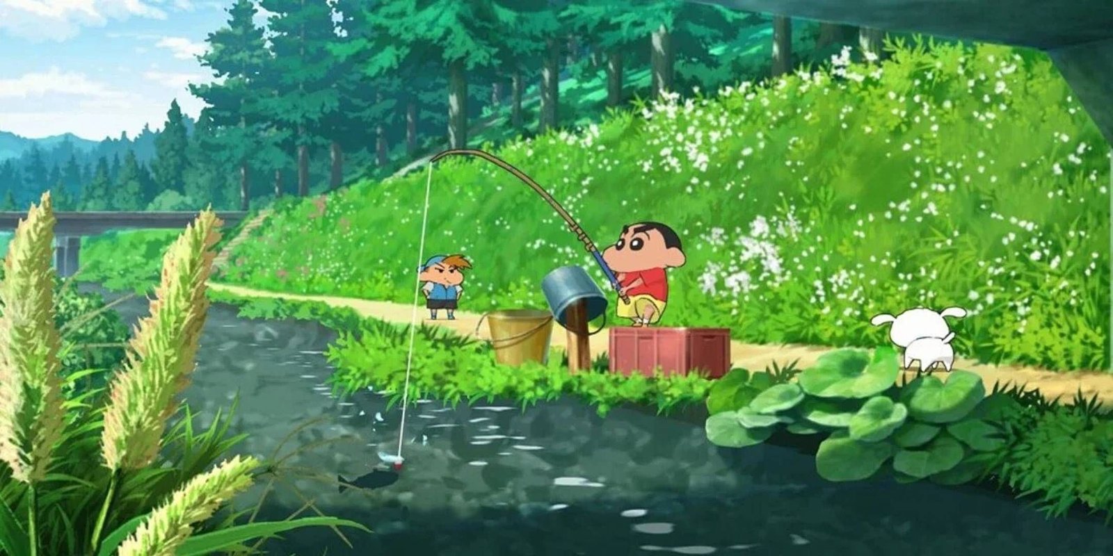 Shinnosuke fishing with his dog on a small river with trees in the distance while a friend watches from nearby in Shin Chan Shiro and the Coal Town.