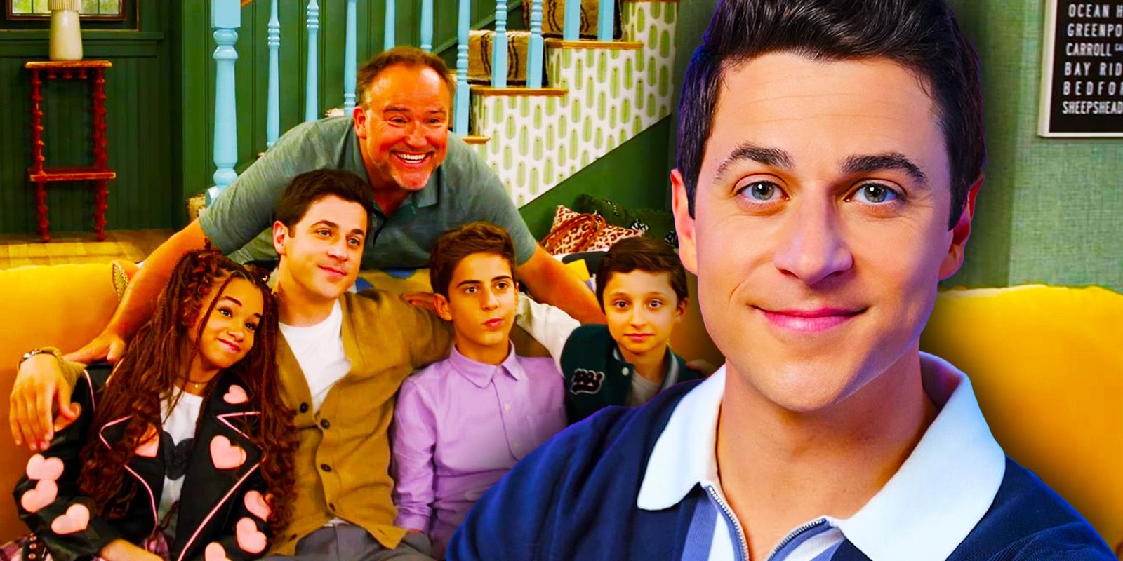 Justin Russo smiling to the right in front of an image of Jerry Russo with his arms around Billie, Justin, Milo, and Roman in Wizards Beyond Waverly Place