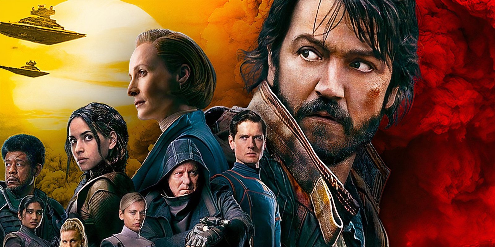 Cassian Andor, Mon Mothma, Bix Caleen, Luthen Rael, Syril Karn, and more in an Andor season 1 poster, edited with a red-to-yellow gradient