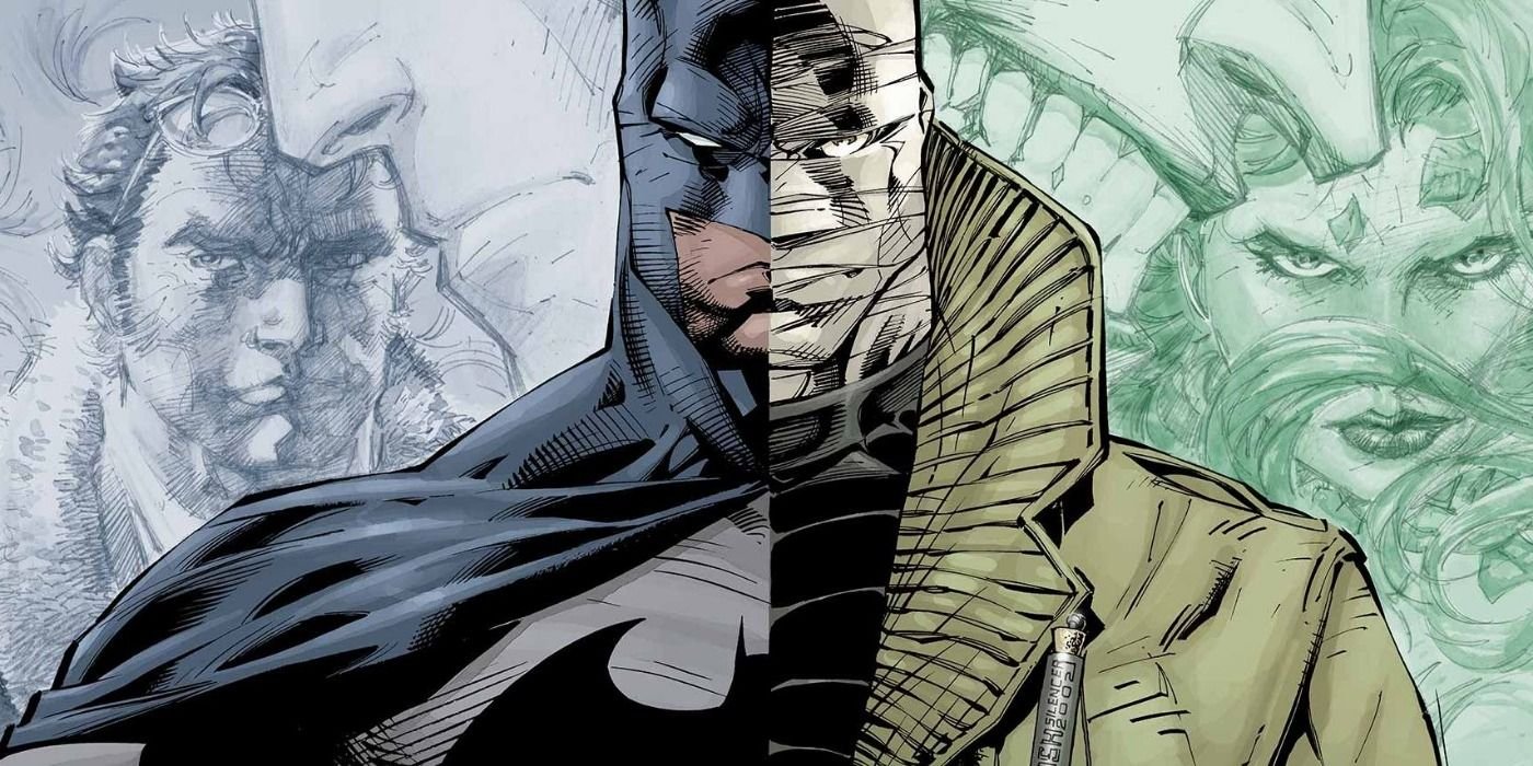 Comic book art: Split image of Batman and Hush in DC comics.