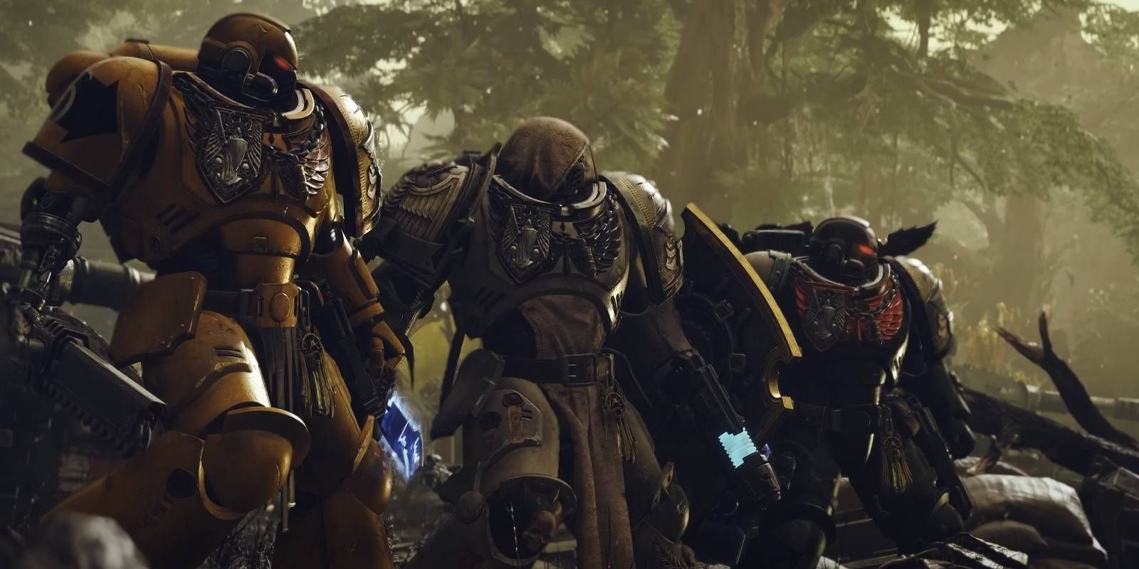 Warhammer 40k Space Marine 2 three characters lined up in Season 3 new Horde mode