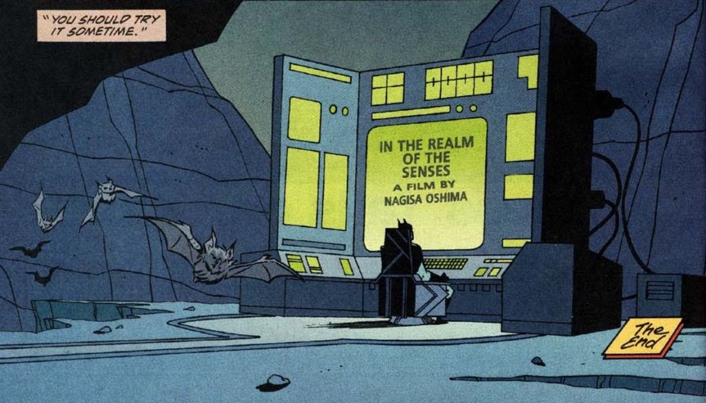 Comic book panel: Batman watches In the Realm of the Senses, directed by Nagisa Ōshima